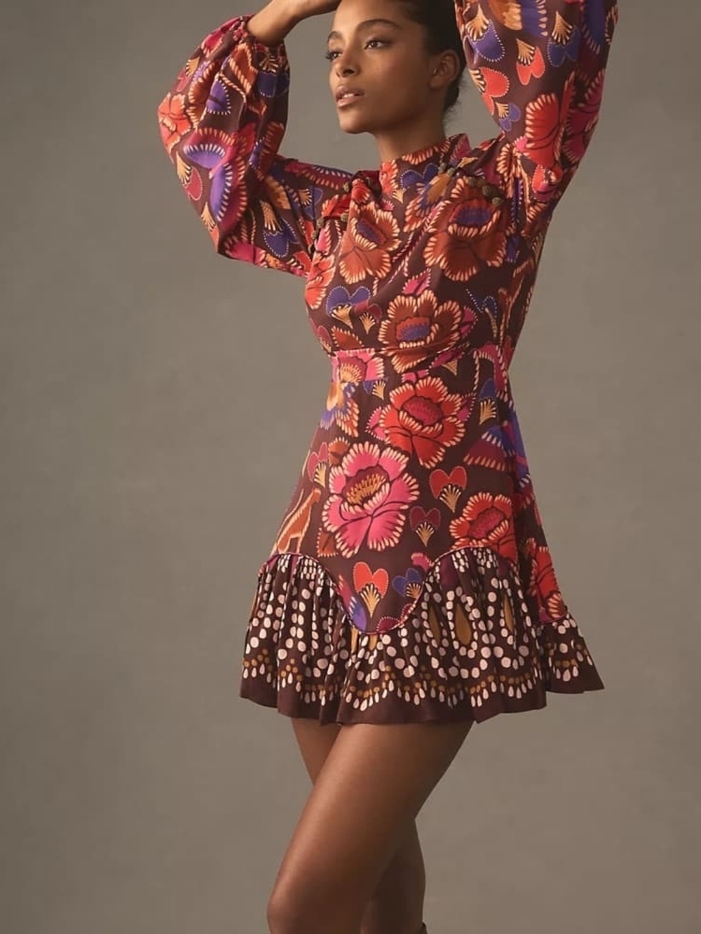 FARM Rio Bright Flora Long Sleeve Mini Dress the "Bright Flora Brown" colorway